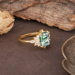 Luxurious and Unique 8-Prong Emerald Cut Moss Agate Engagement Ring - Additional view