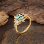 Luxurious and Unique 8-Prong Emerald Cut Moss Agate Engagement Ring - Additional view