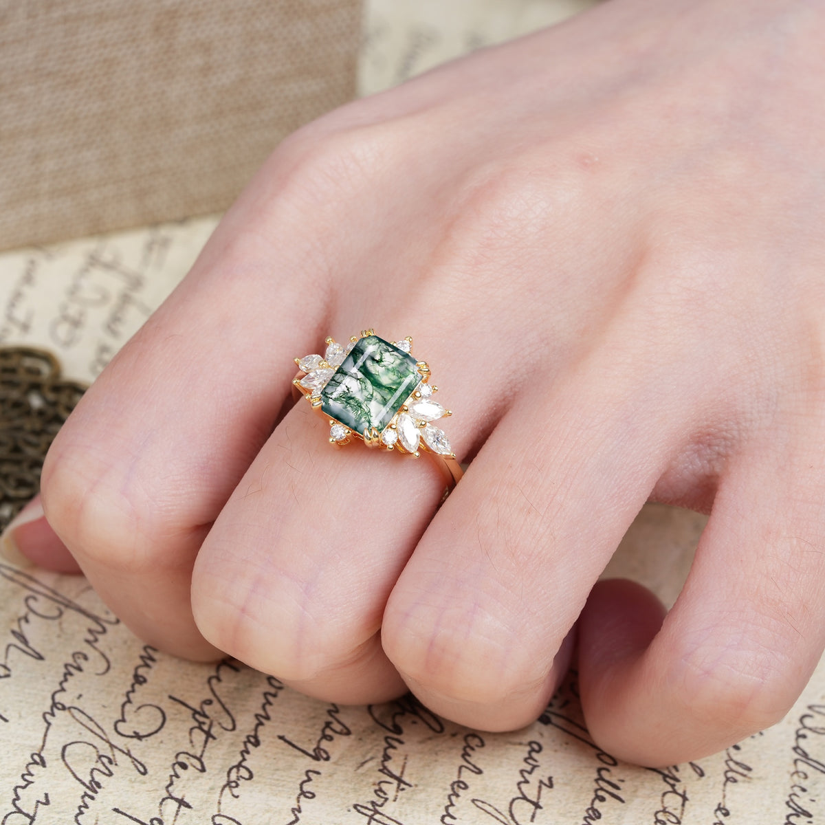 Luxurious and Unique 8-Prong Emerald Cut Moss Agate Engagement Ring - Additional view
