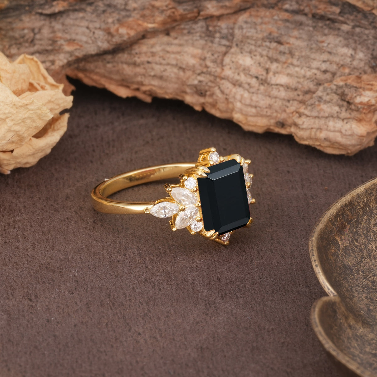 Luxurious and Unique 8-Prong Emerald Cut Black Onyx Engagement Ring - Additional view
