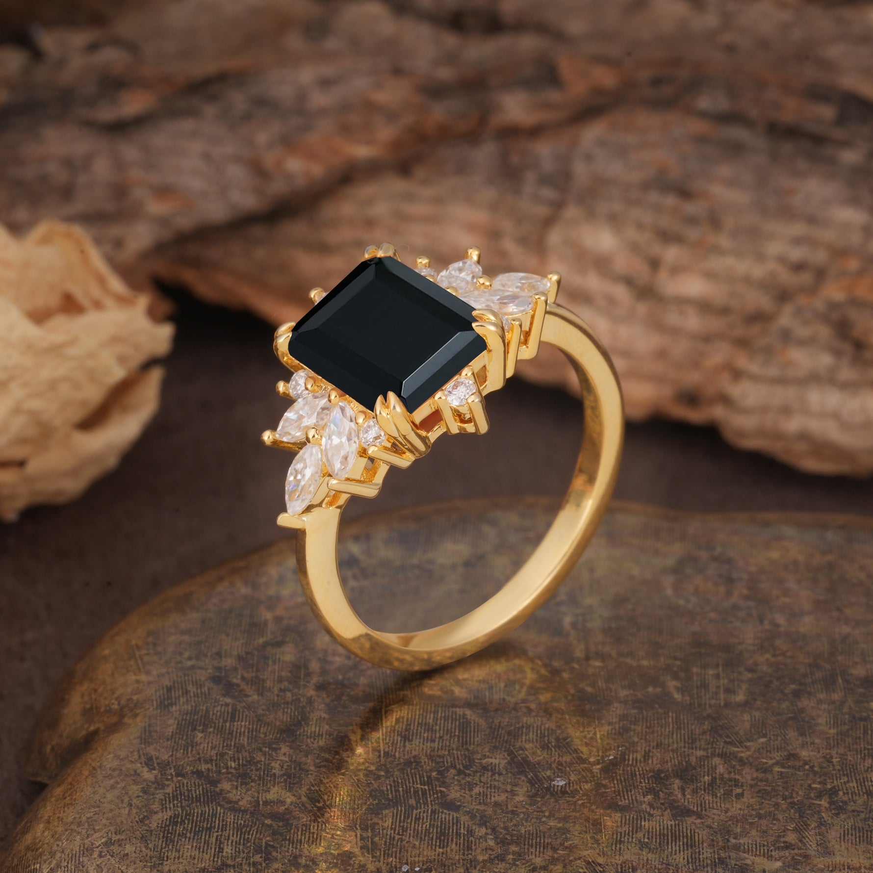 Luxurious and Unique 8-Prong Emerald Cut Black Onyx Engagement Ring - Additional view