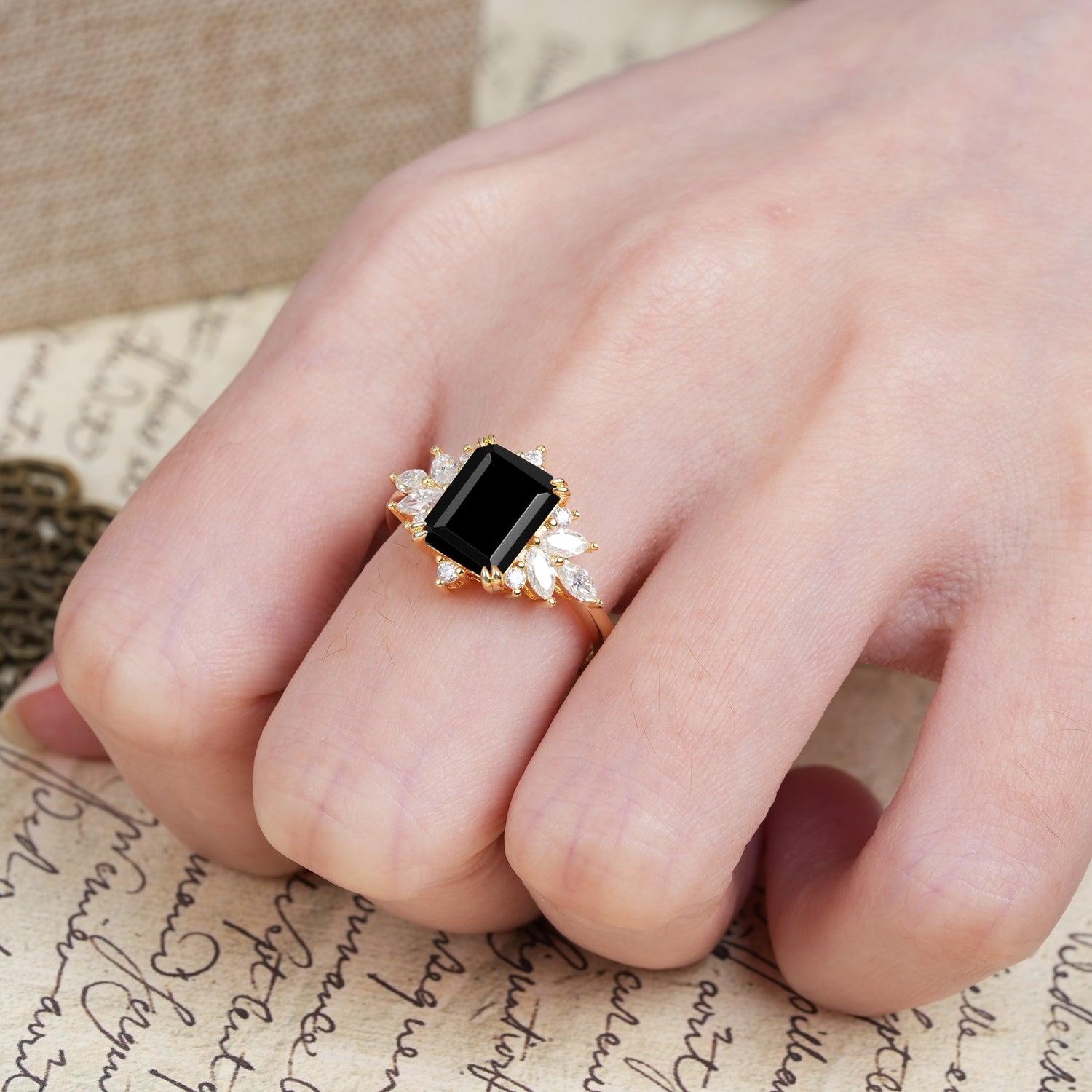 Luxurious and Unique 8-Prong Emerald Cut Black Onyx Engagement Ring - Additional view