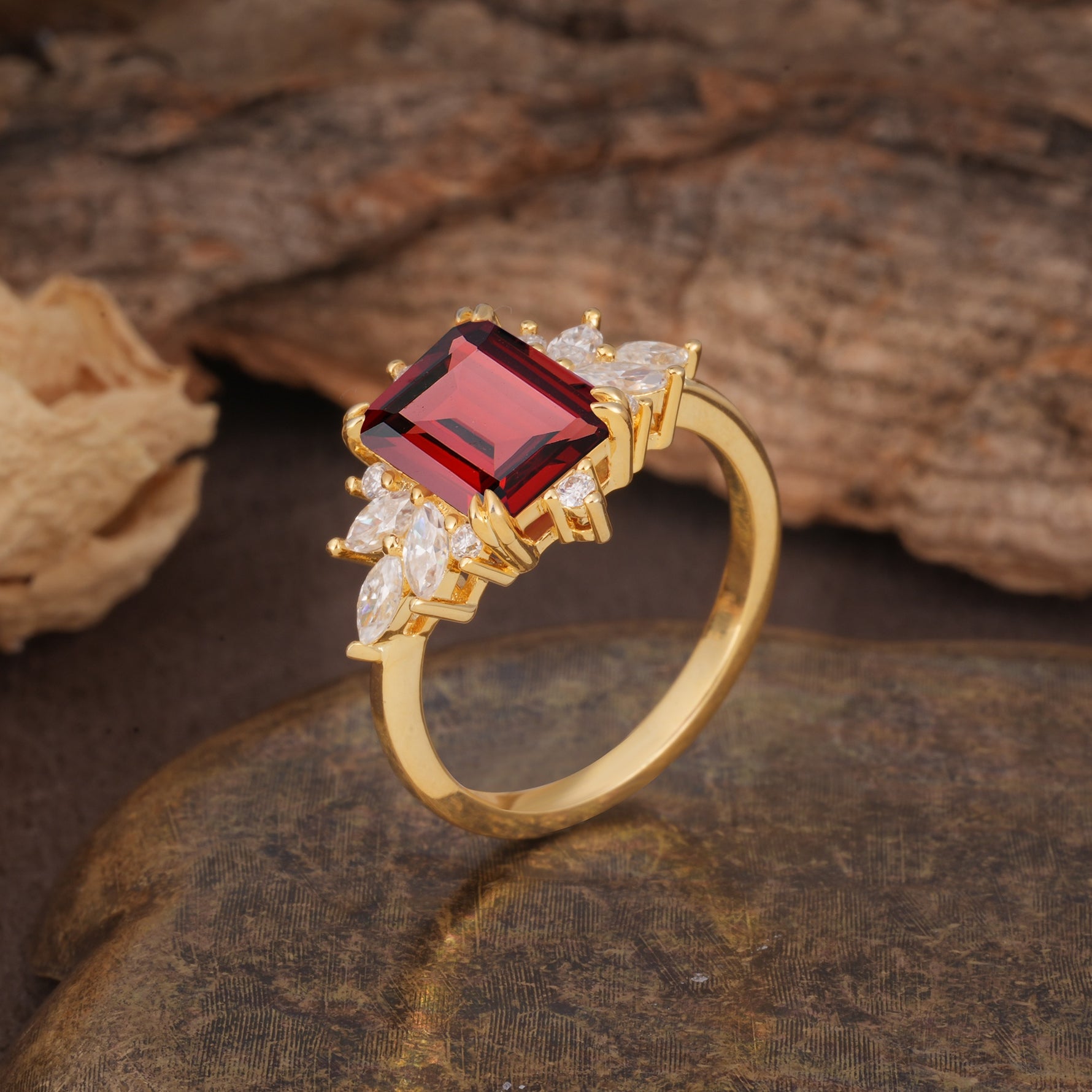 Luxurious and Unique 8-Prong Emerald Cut Garnet Engagement Ring - Additional view
