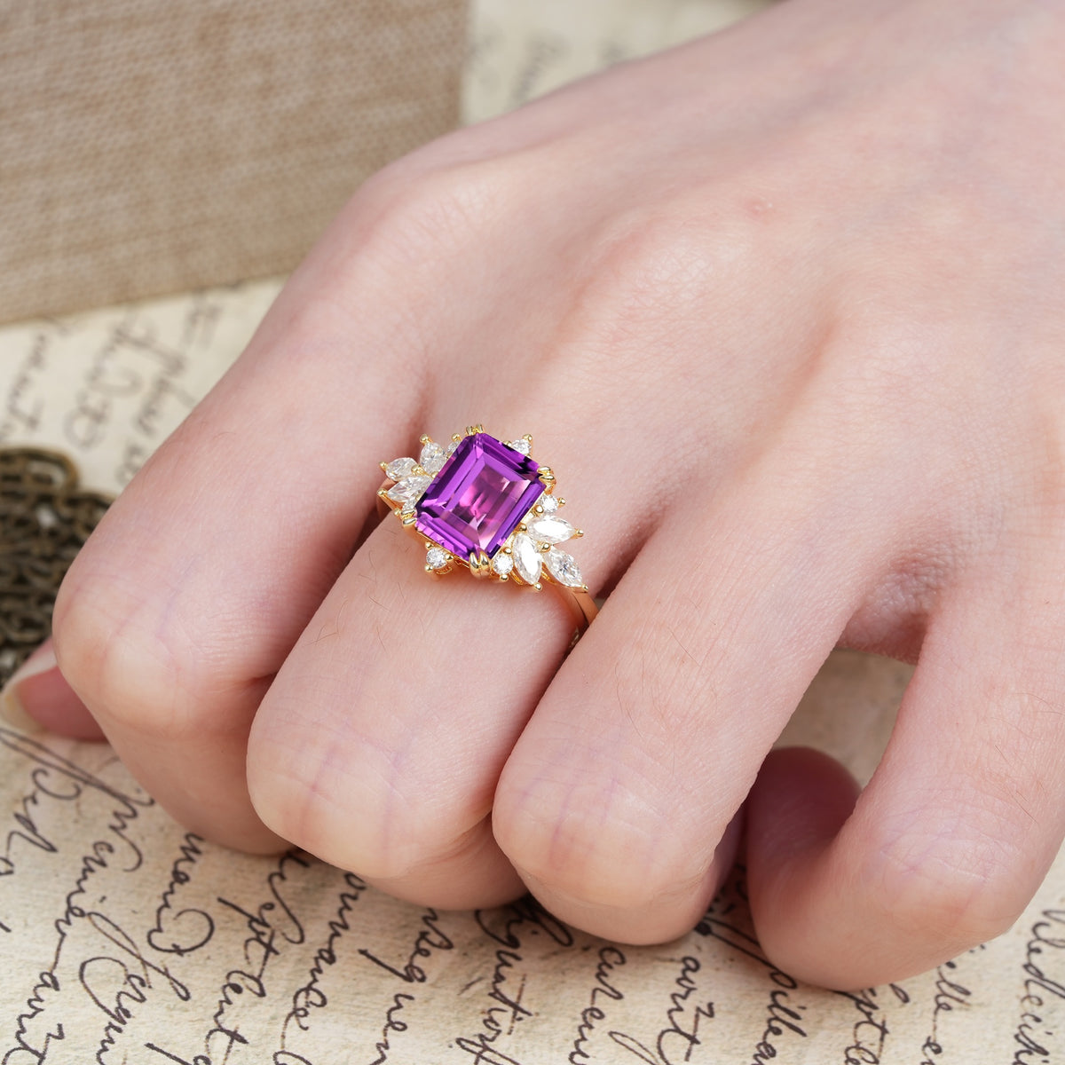 Luxurious and Unique 8-Prong Emerald Cut Amethyst Engagement Ring - Additional view