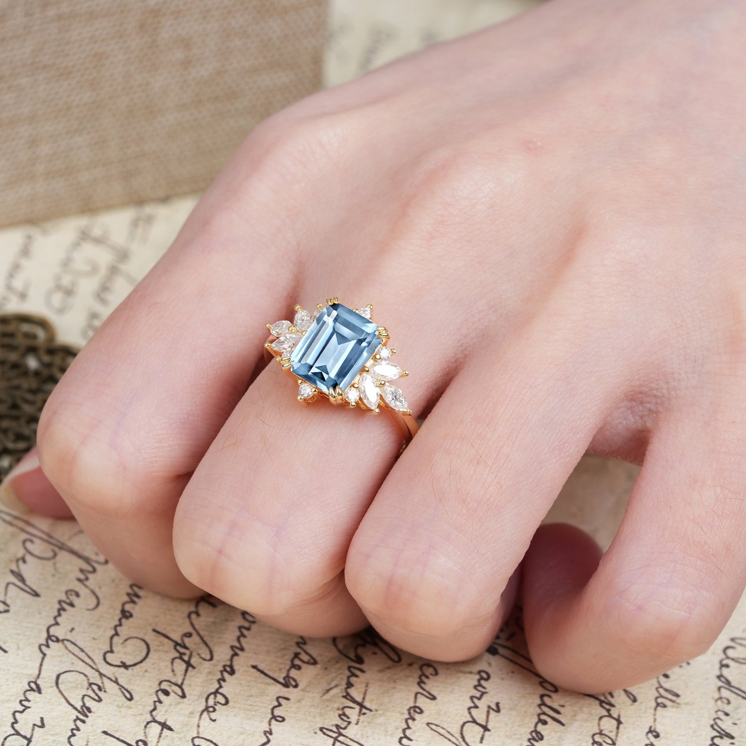 Luxurious and Unique 8-Prong Emerald Cut Aquamarine Engagement Ring