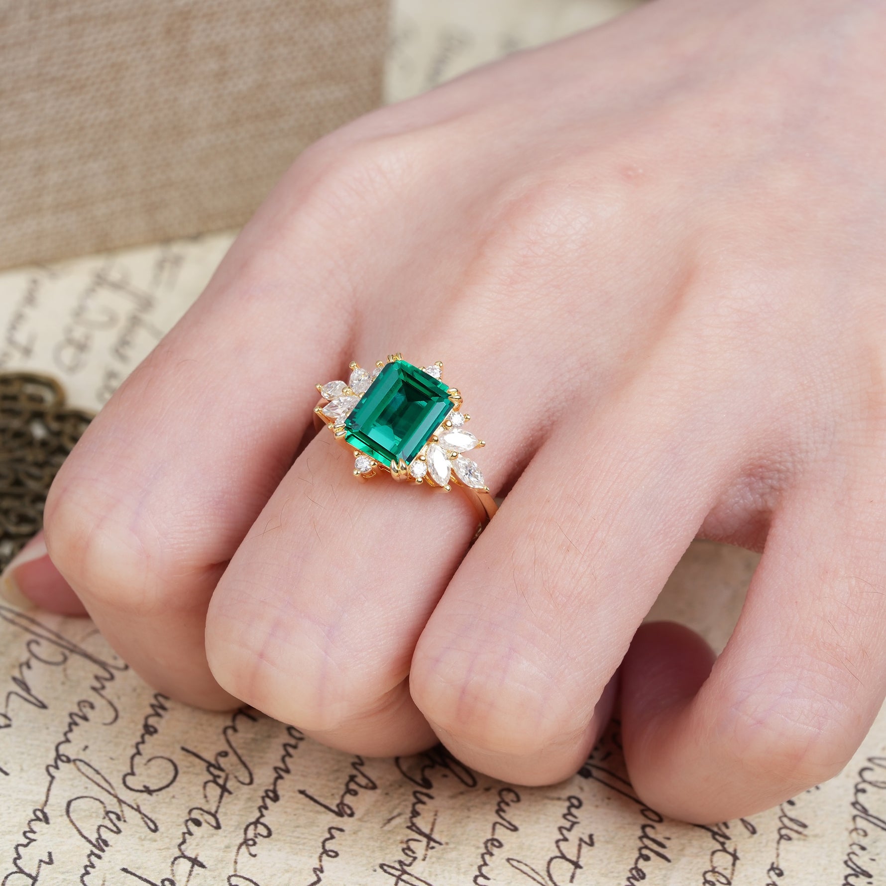 Luxurious and Unique 8-Prong Emerald Cut Emerald Engagement Ring - Additional view