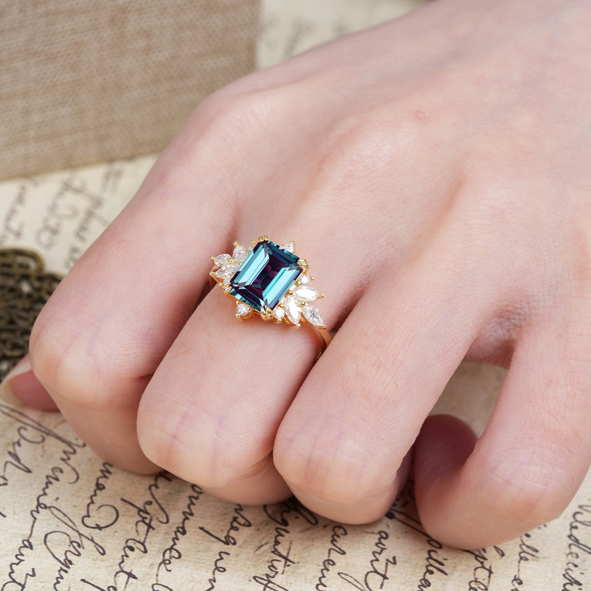 Luxurious and Unique 8-Prong Emerald Cut Alexandrite Engagement Ring - Additional view