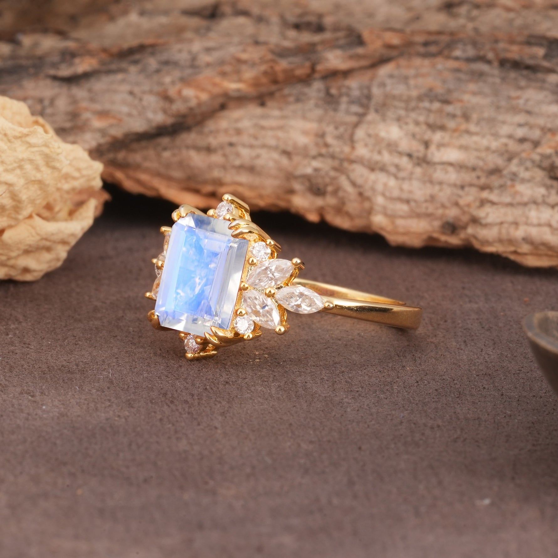 Luxurious and Unique 8-Prong Emerald Cut Moonstone Engagement Ring - Additional view