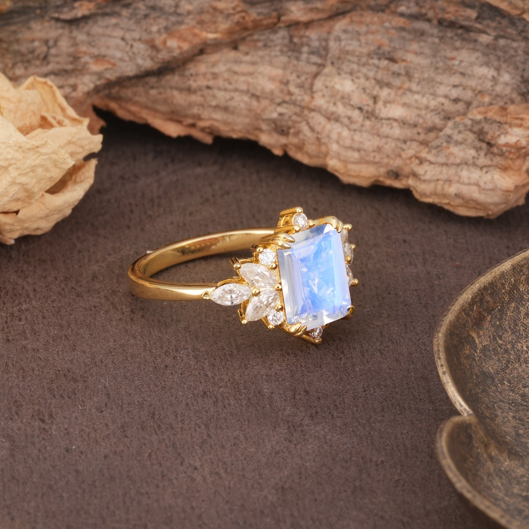 Luxurious and Unique 8-Prong Emerald Cut Moonstone Engagement Ring - Additional view