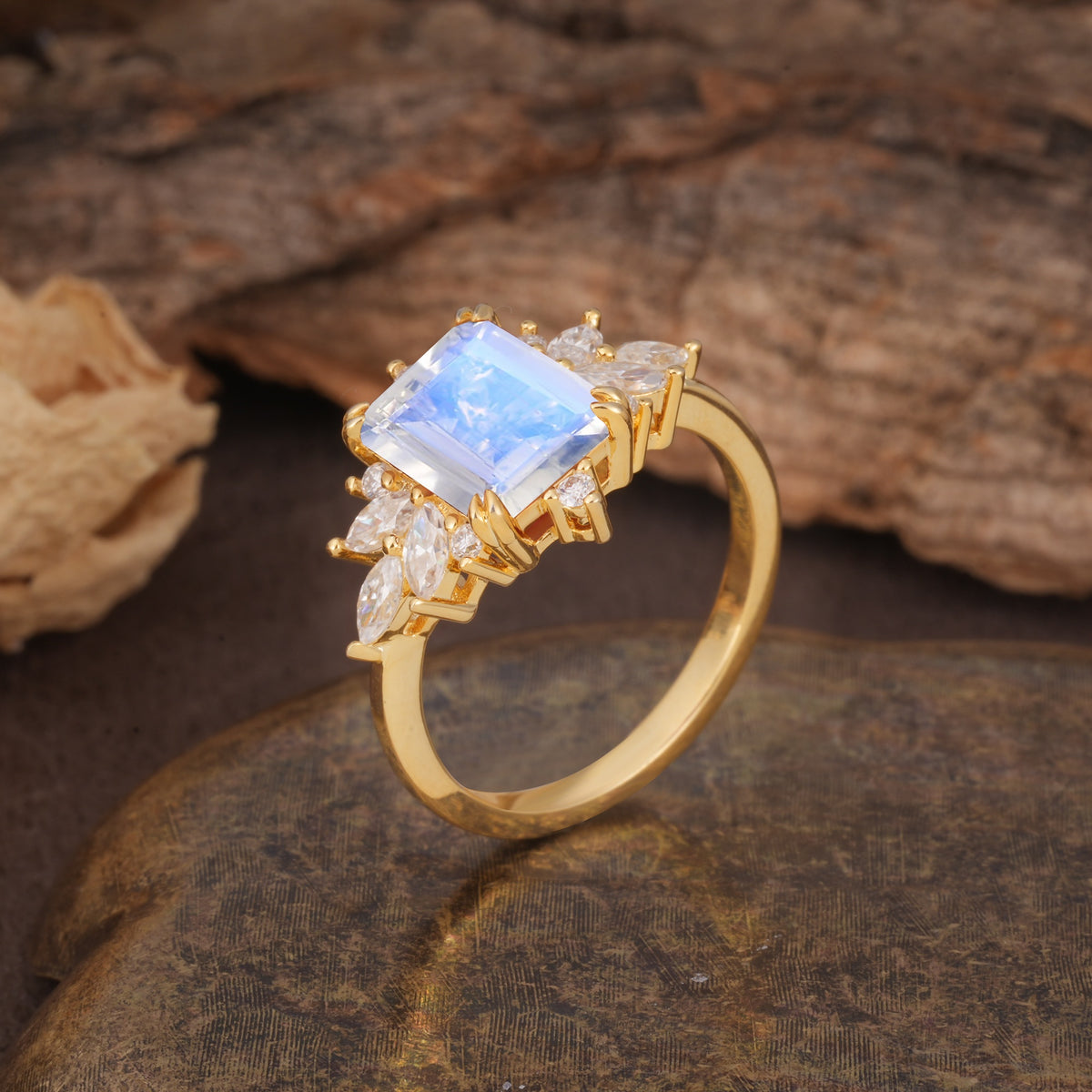 Luxurious and Unique 8-Prong Emerald Cut Moonstone Engagement Ring - Additional view