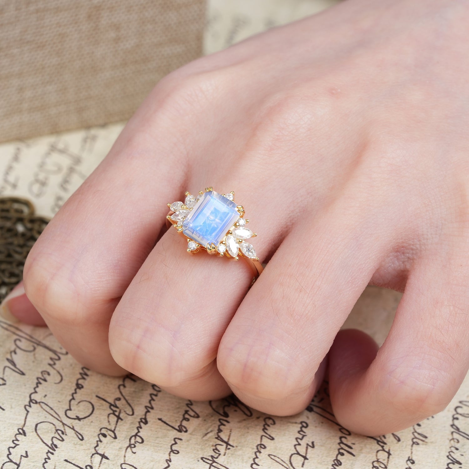 Luxurious and Unique 8-Prong Emerald Cut Moonstone Engagement Ring - Additional view