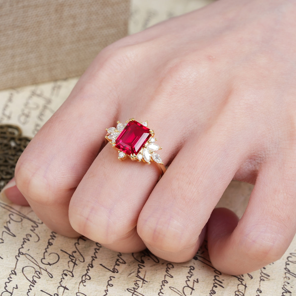 Luxurious and Unique 8-Prong Emerald Cut Ruby Engagement Ring - Additional view
