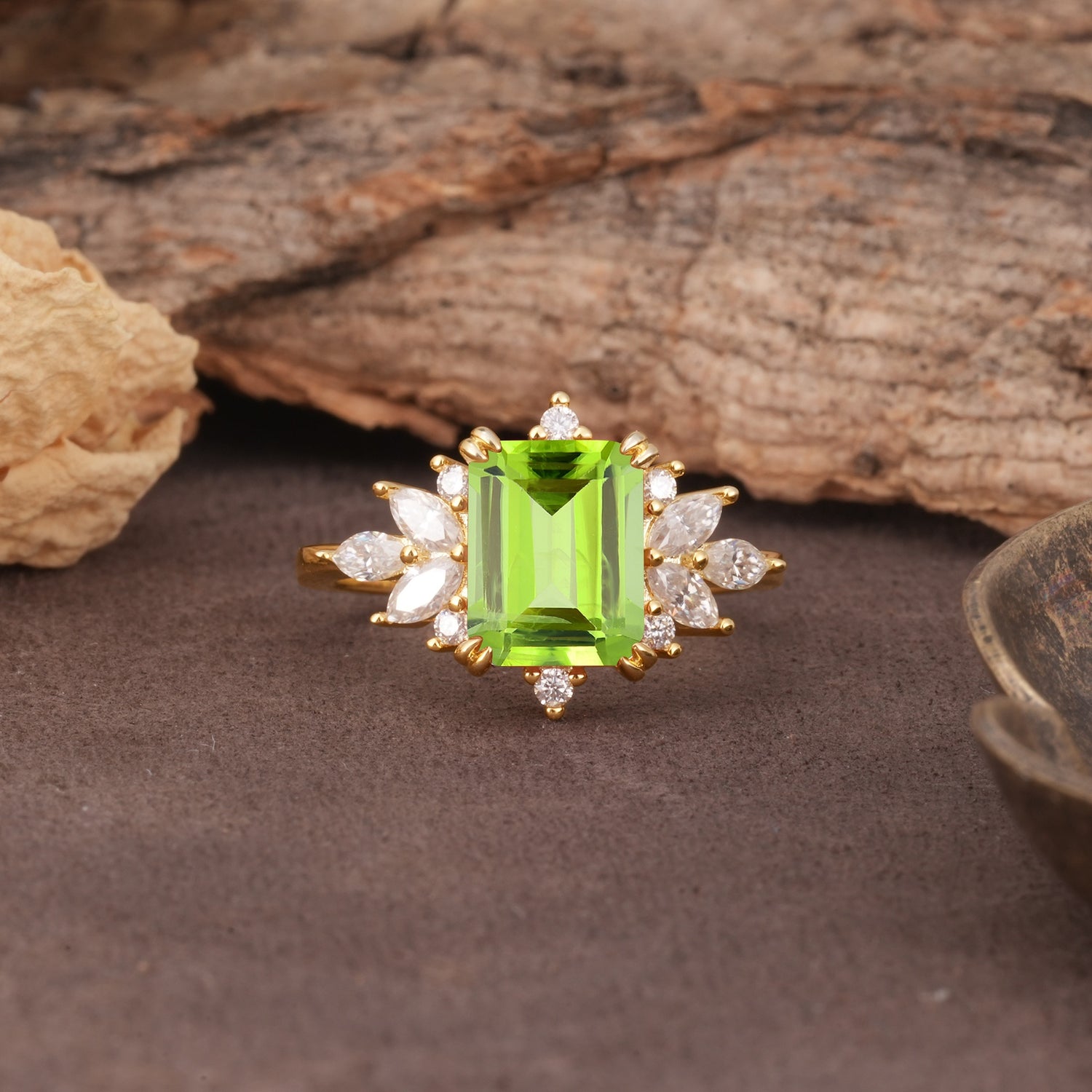 Luxurious and Unique 8-Prong Emerald Cut Peridot Engagement Ring - Additional view