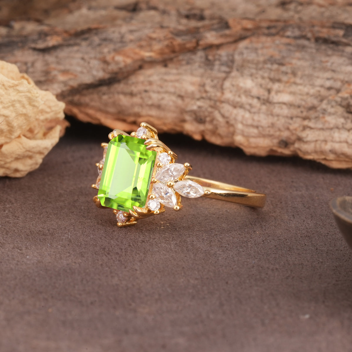 Luxurious and Unique 8-Prong Emerald Cut Peridot Engagement Ring - Additional view