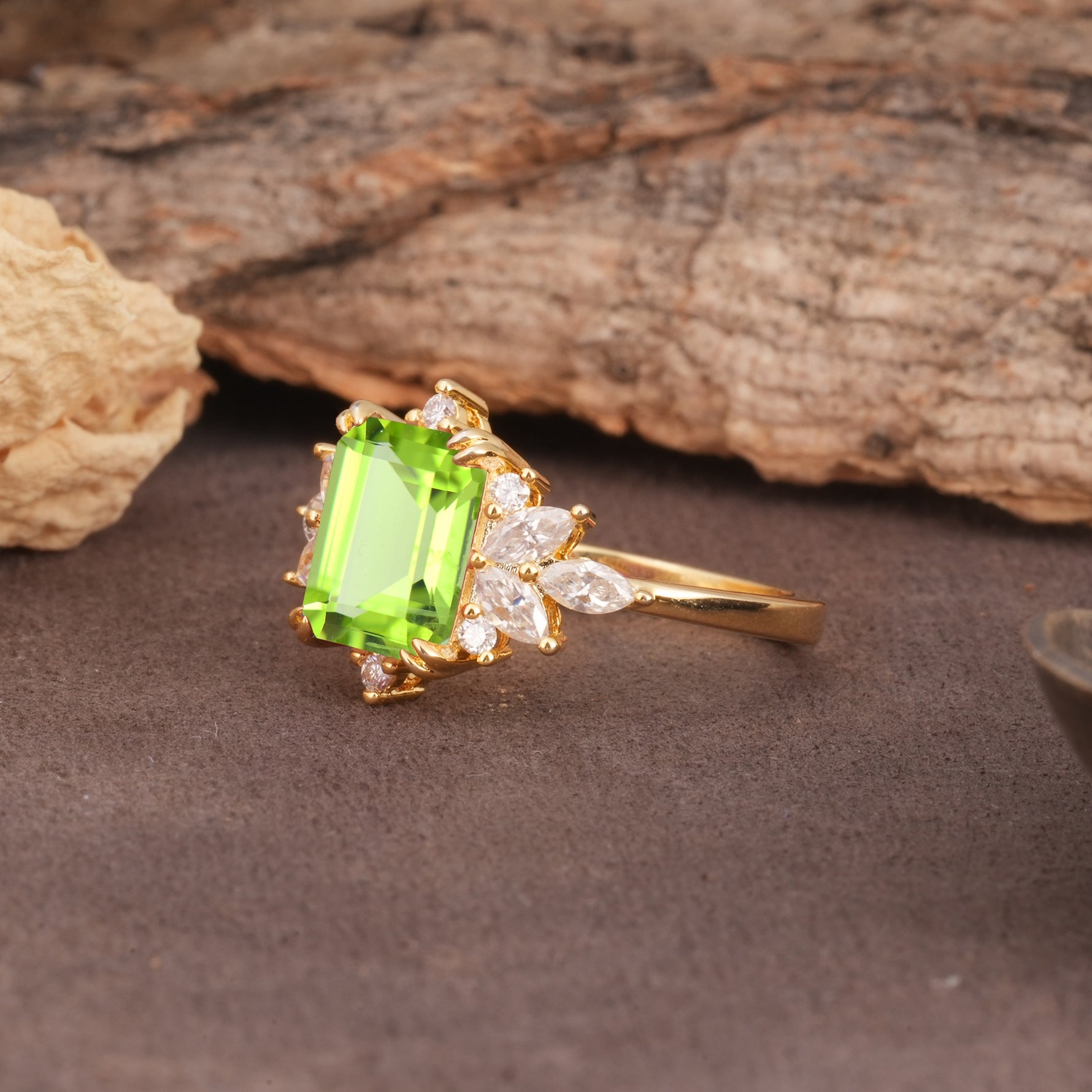 Luxurious and Unique 8-Prong Emerald Cut Peridot Engagement Ring - Additional view