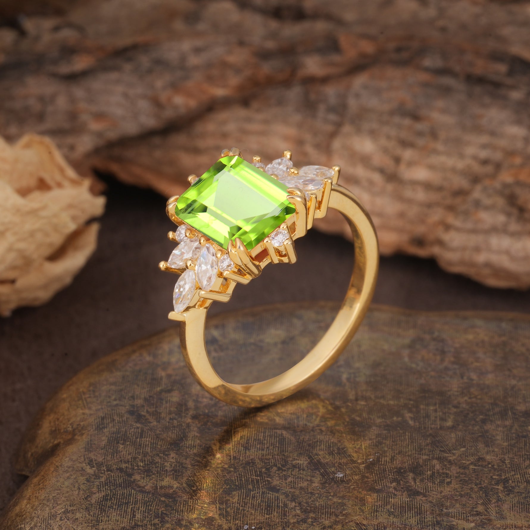 Luxurious and Unique 8-Prong Emerald Cut Peridot Engagement Ring - Additional view