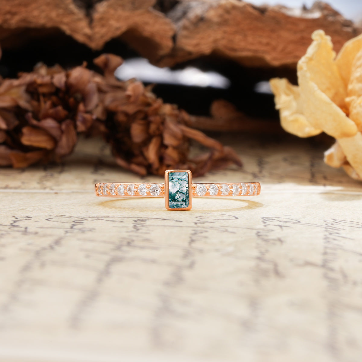 Unique and Classic: Inlaid with an Emerald-Cut Moss Agate Engagement Ring - Additional view