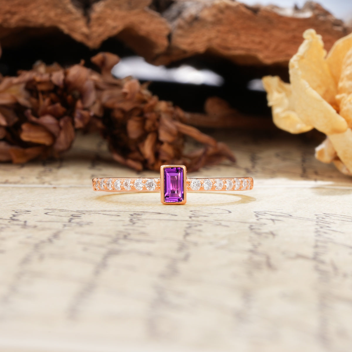 Unique and Classic: Inlaid with an Emerald-Cut Amethyst Engagement Ring - Additional view