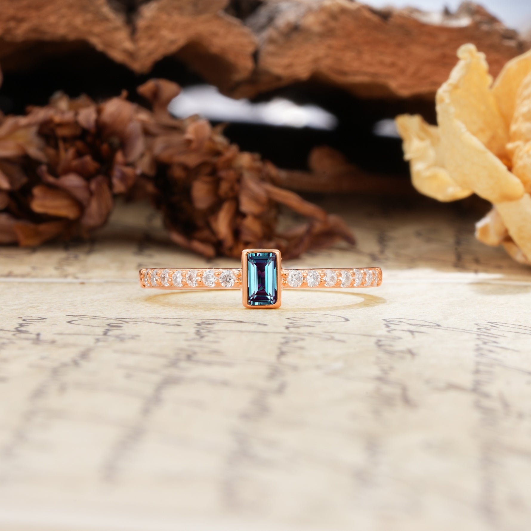 Unique and Classic: Inlaid with an Emerald-Cut Alexandrite Engagement Ring - Additional view