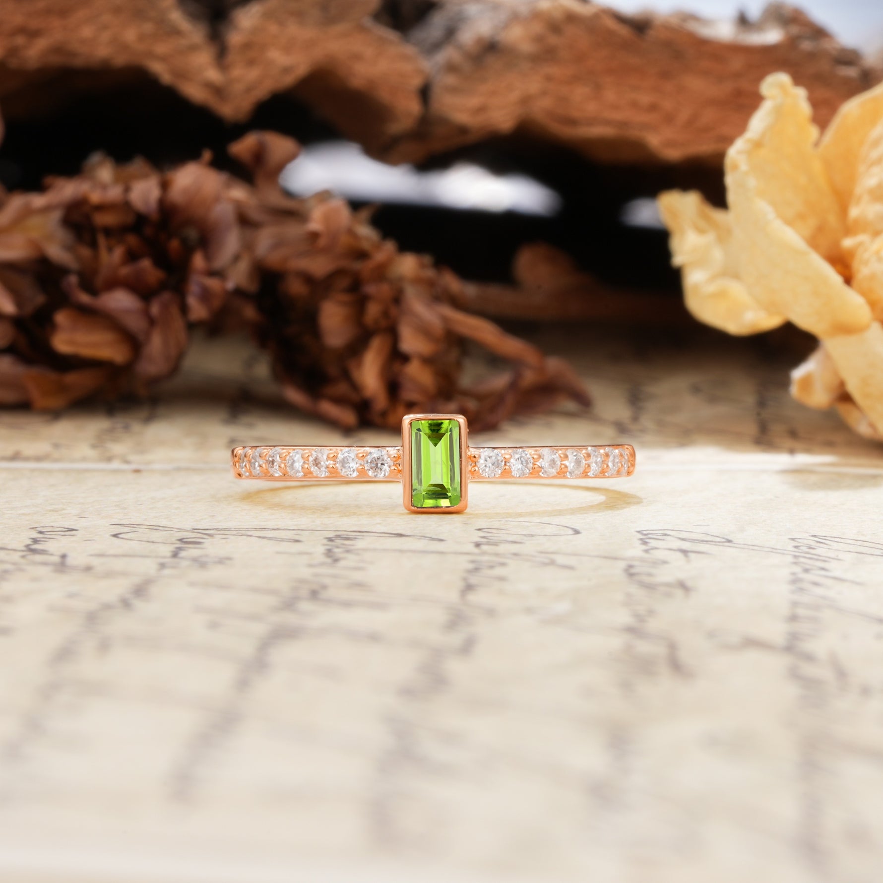 Unique and Classic: Inlaid with an Emerald-Cut Peridot Engagement Ring - Additional view