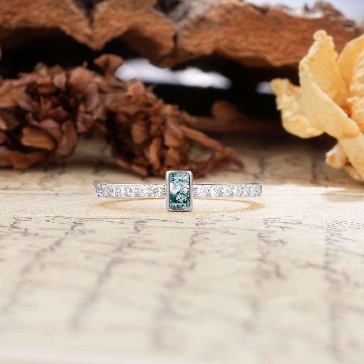 Unique and Classic: Inlaid with an Emerald-Cut Moss Agate Engagement Ring - Additional view