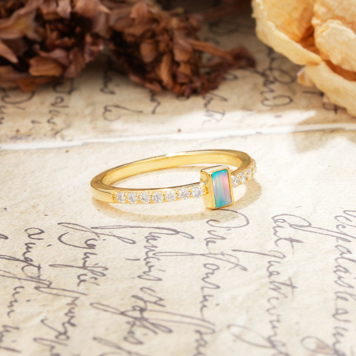 Unique and Classic: Inlaid with an Emerald-Cut Fire Opal Engagement Ring - Additional view