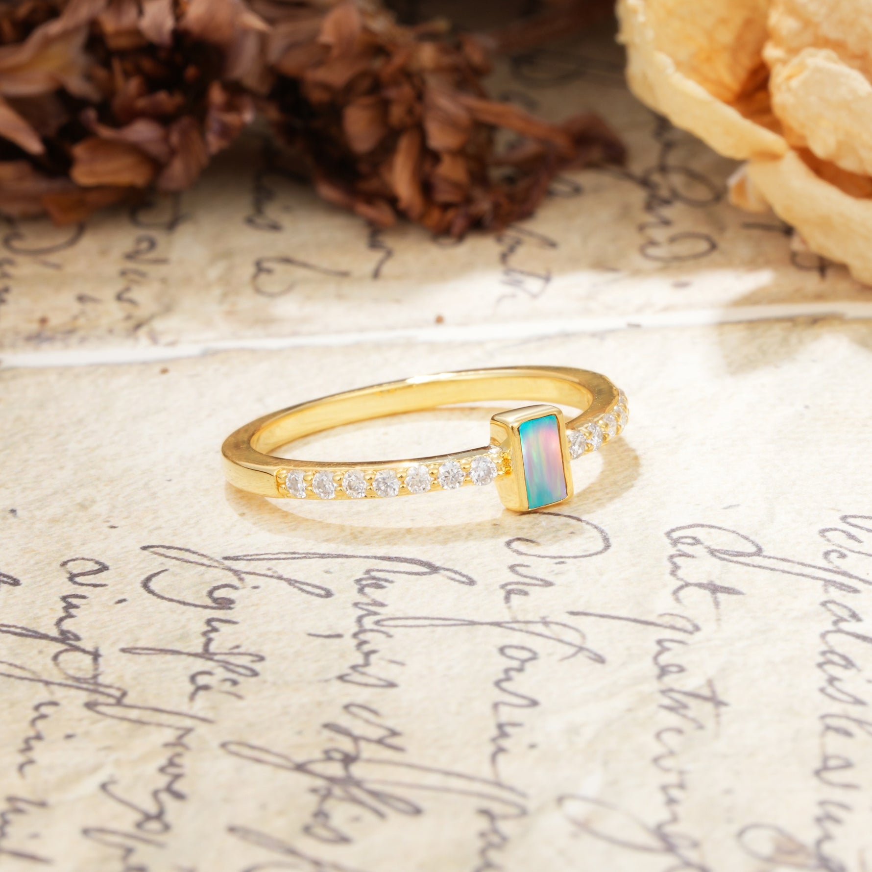Unique and Classic: Inlaid with an Emerald-Cut Fire Opal Engagement Ring - Additional view