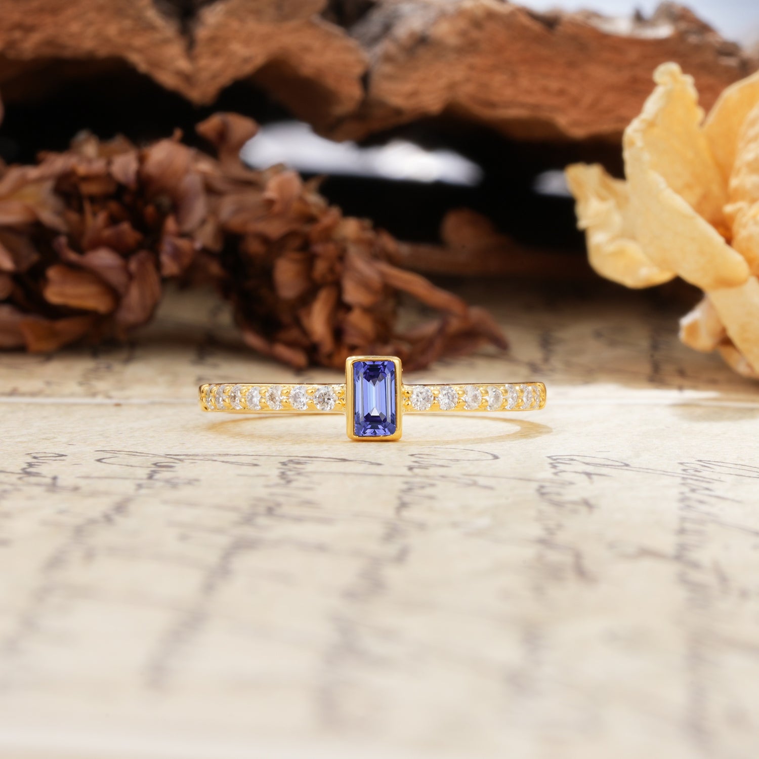 Unique and Classic: Inlaid with an Emerald-Cut Tanzanite Engagement Ring - Additional view
