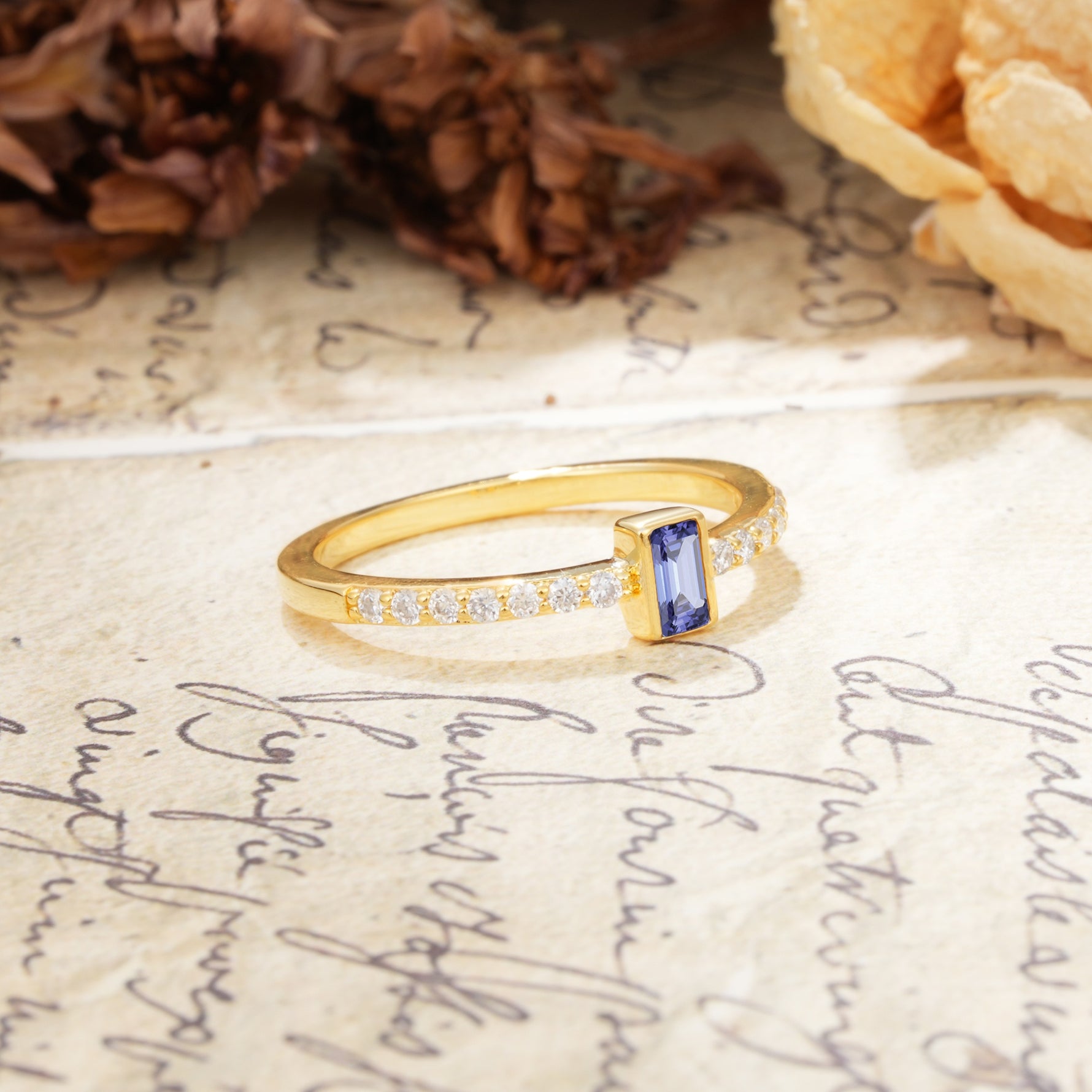 Unique and Classic: Inlaid with an Emerald-Cut Tanzanite Engagement Ring - Additional view