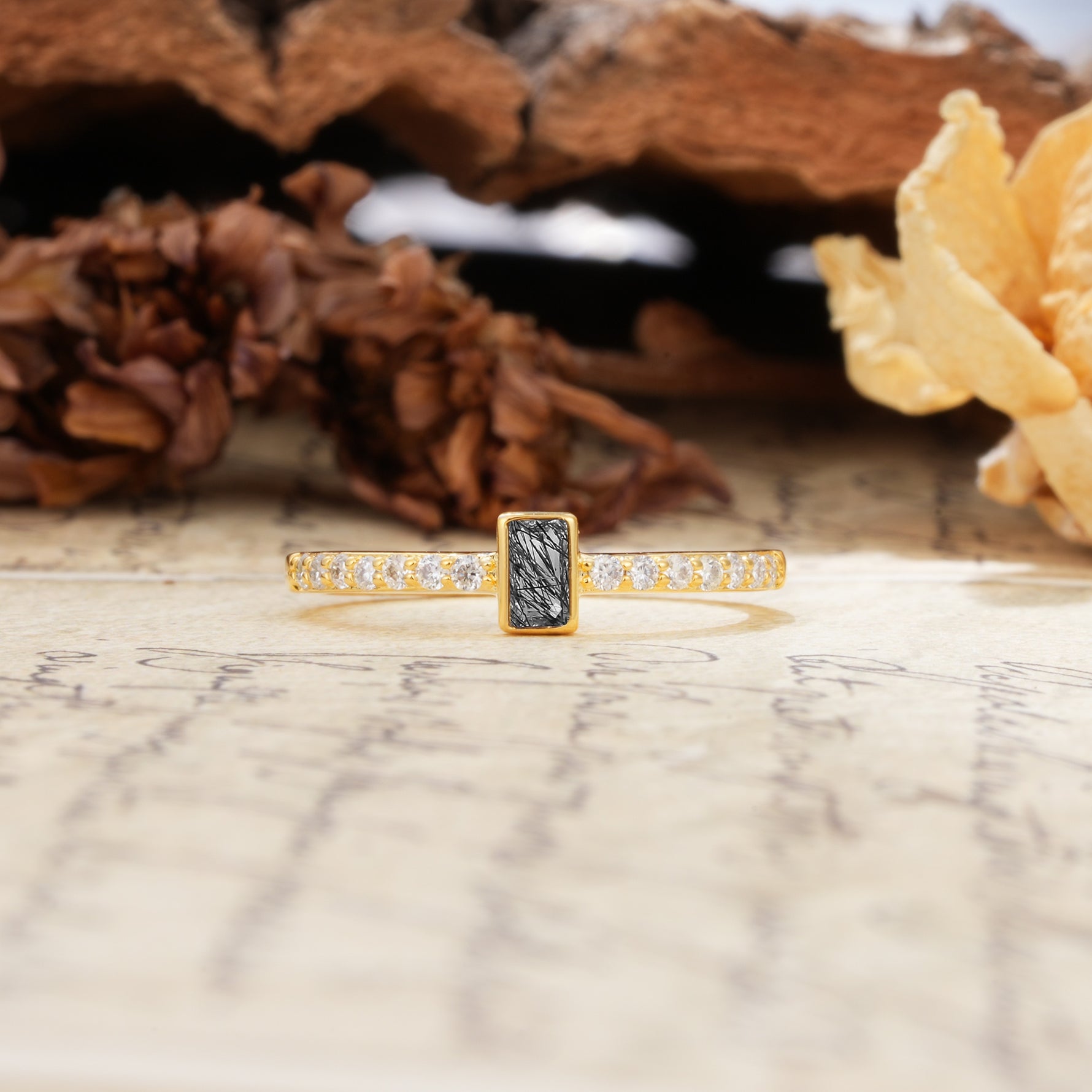 Unique and Classic: Inlaid with an Emerald-Cut Black Rutilated Quartz Engagement Ring - Additional view