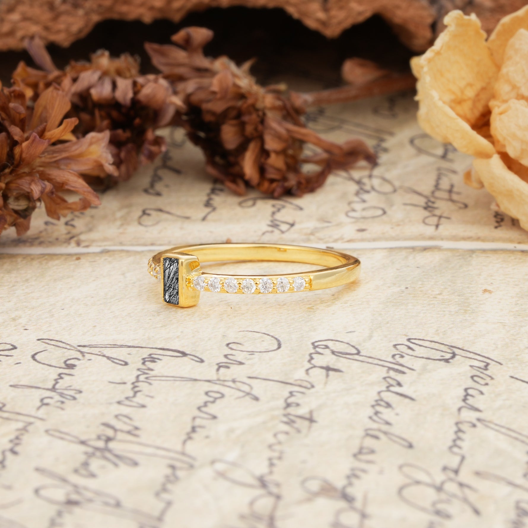 Unique and Classic: Inlaid with an Emerald-Cut Black Rutilated Quartz Engagement Ring - Additional view
