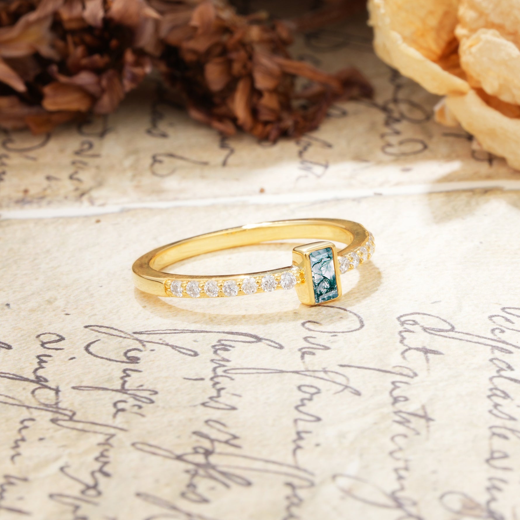 Unique and Classic: Inlaid with an Emerald-Cut Moss Agate Engagement Ring - Additional view