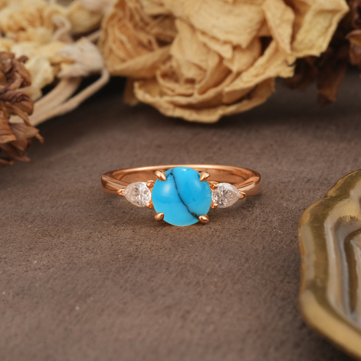 Classic, Luxurious 4-Prong Pear Cut Turquoise Three Stone Engagement Ring - Additional view