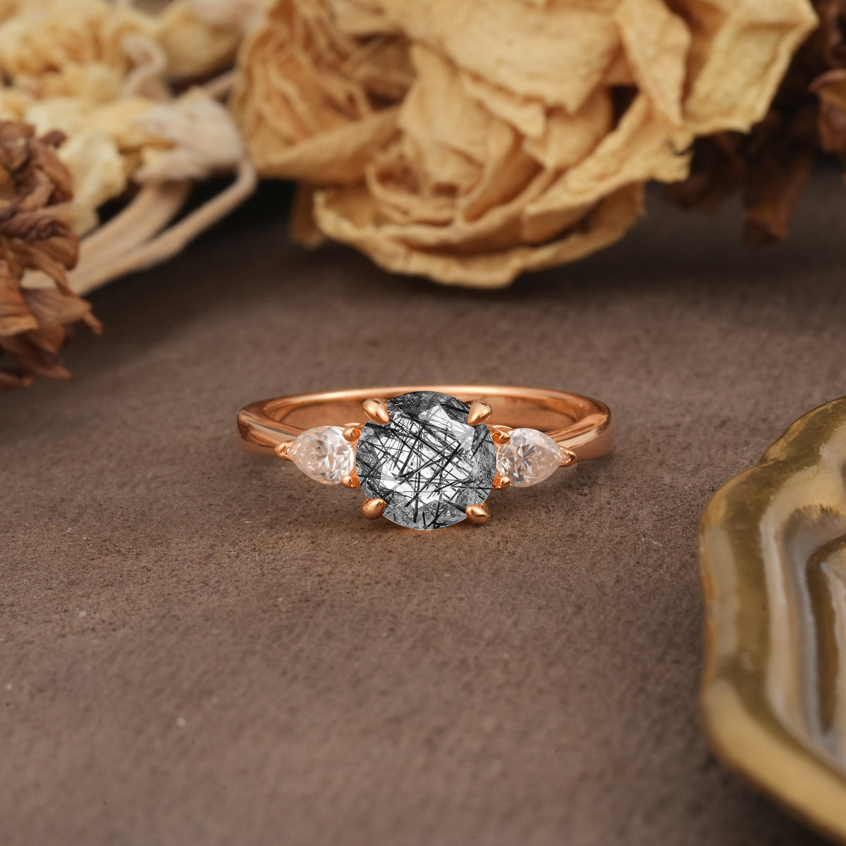 Classic, Luxurious 4-Prong Pear Cut Black Rutilated Quartz Three Stone Engagement Ring - Additional view