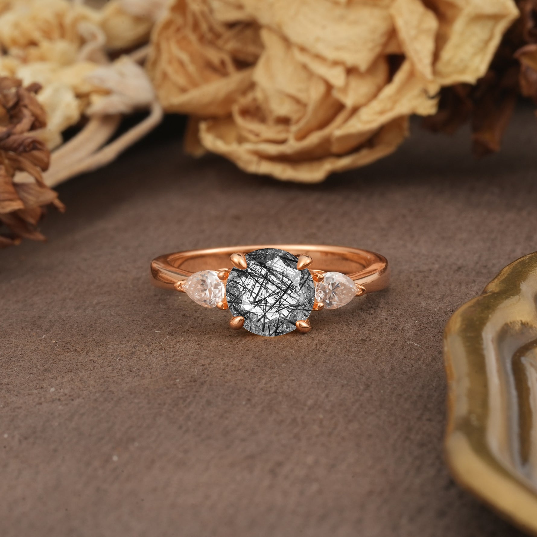 Classic, Luxurious 4-Prong Pear Cut Black Rutilated Quartz Three Stone Engagement Ring - Additional view