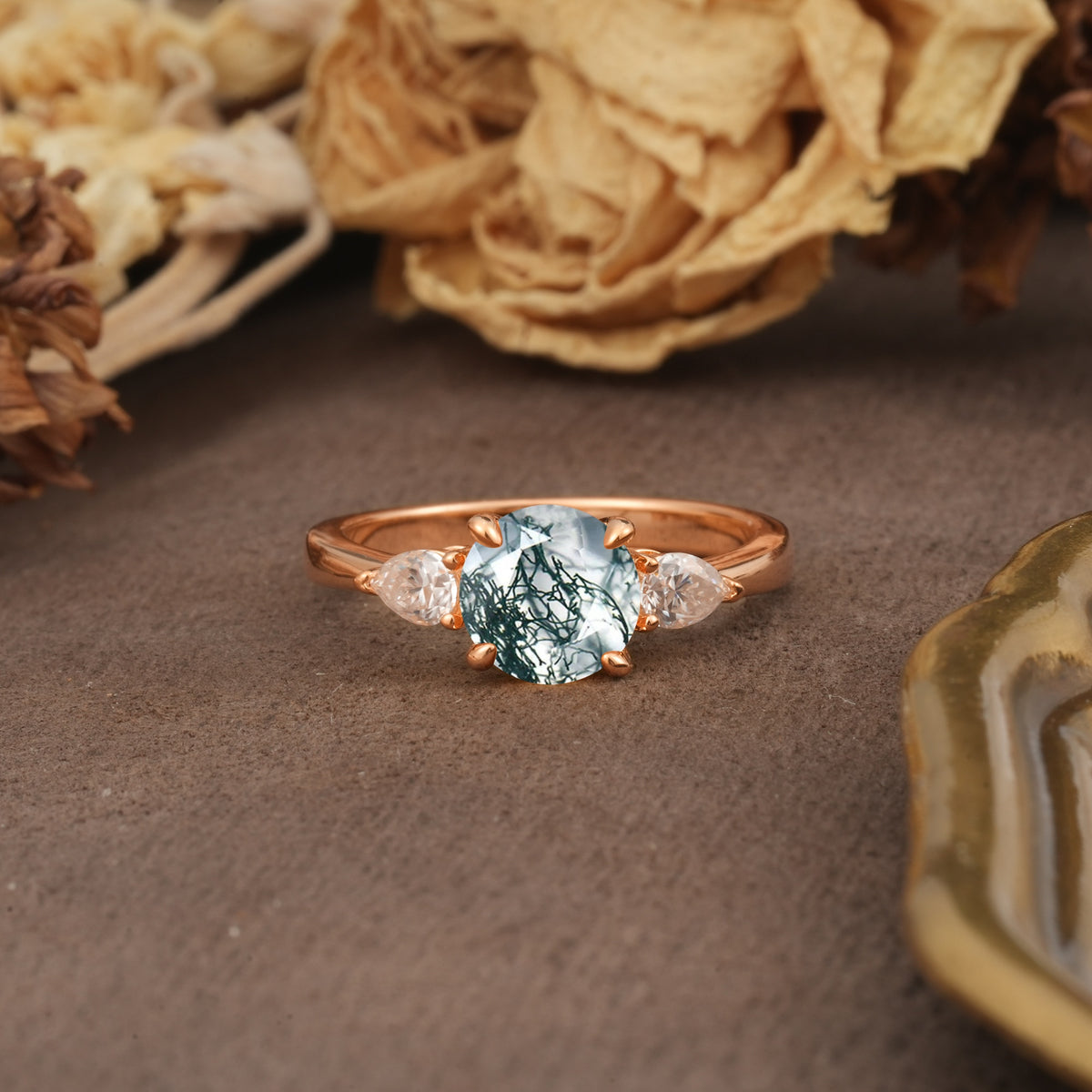 Classic, Luxurious 4-Prong Pear Cut Moss Agate Three Stone Engagement Ring - Additional view