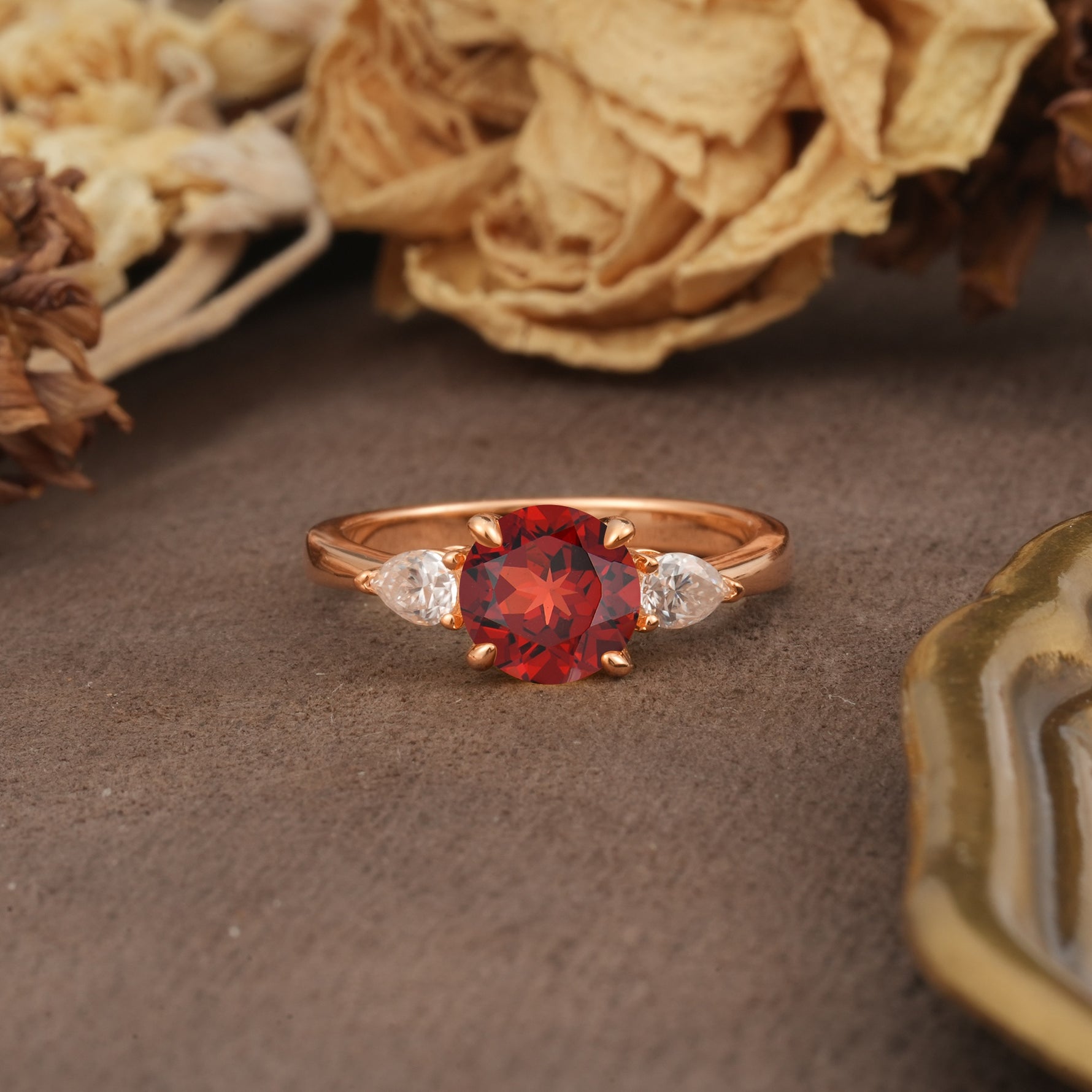 Classic, Luxurious 4-Prong Pear Cut Garnet Three Stone Engagement Ring - Additional view