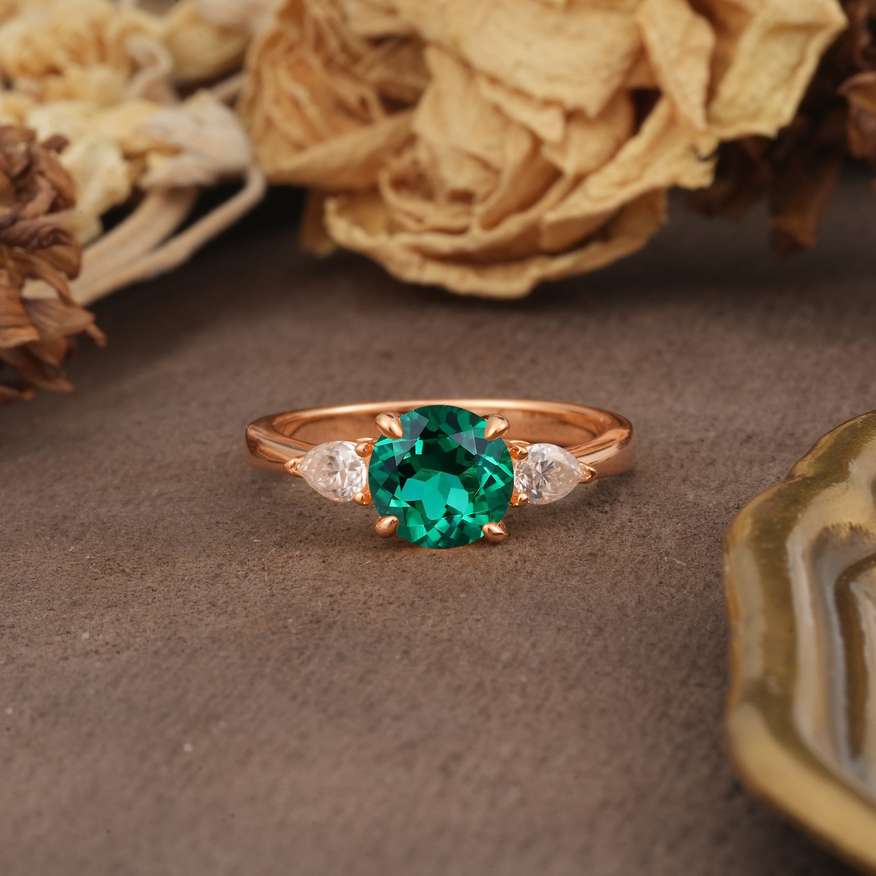 Classic, Luxurious 4-Prong Pear Cut Emerald Three Stone Engagement Ring - Additional view