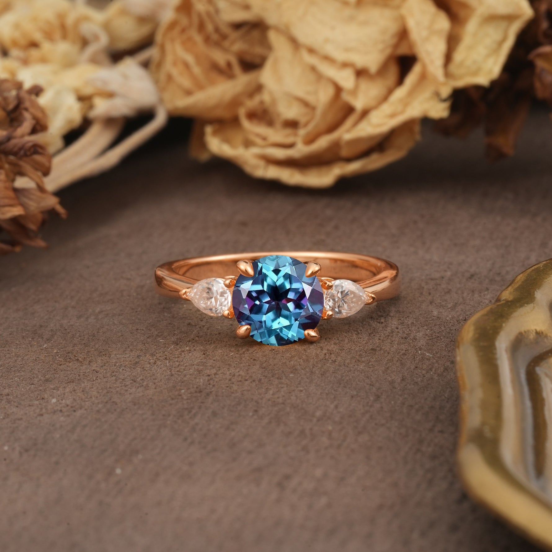 Classic, Luxurious 4-Prong Pear Cut Alexandrite Three Stone Engagement Ring - Additional view