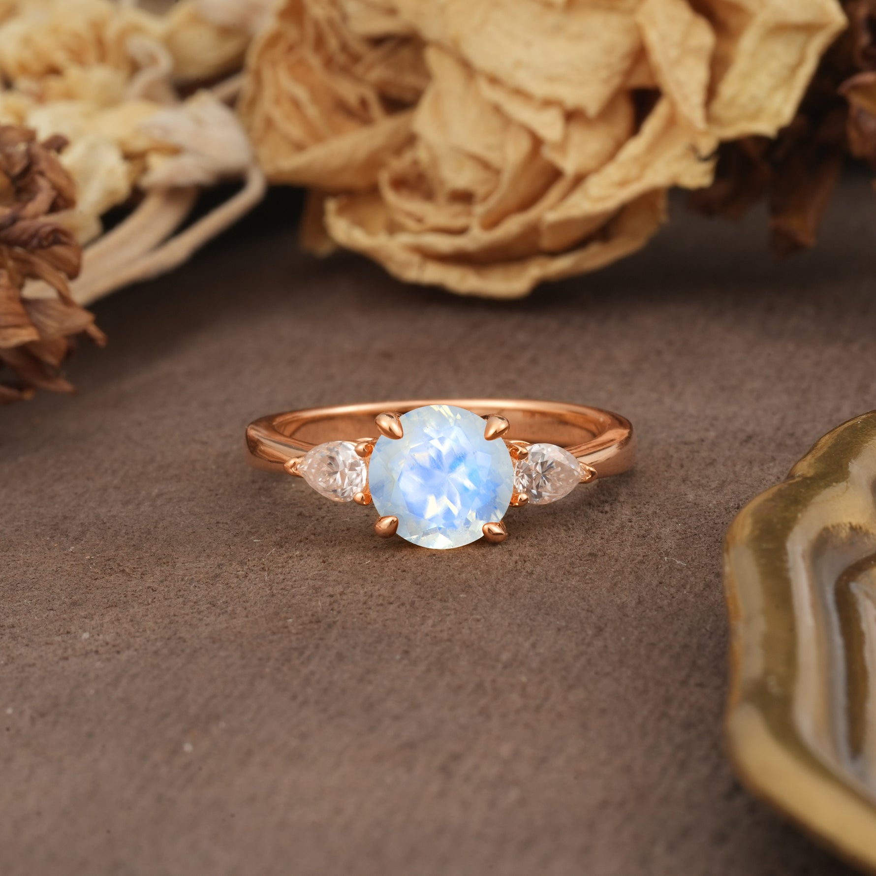 Classic, Luxurious 4-Prong Pear Cut Moonstone Three Stone Engagement Ring - Additional view