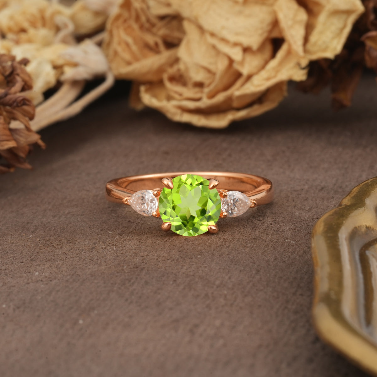 Classic, Luxurious 4-Prong Pear Cut Peridot Three Stone Engagement Ring - Additional view