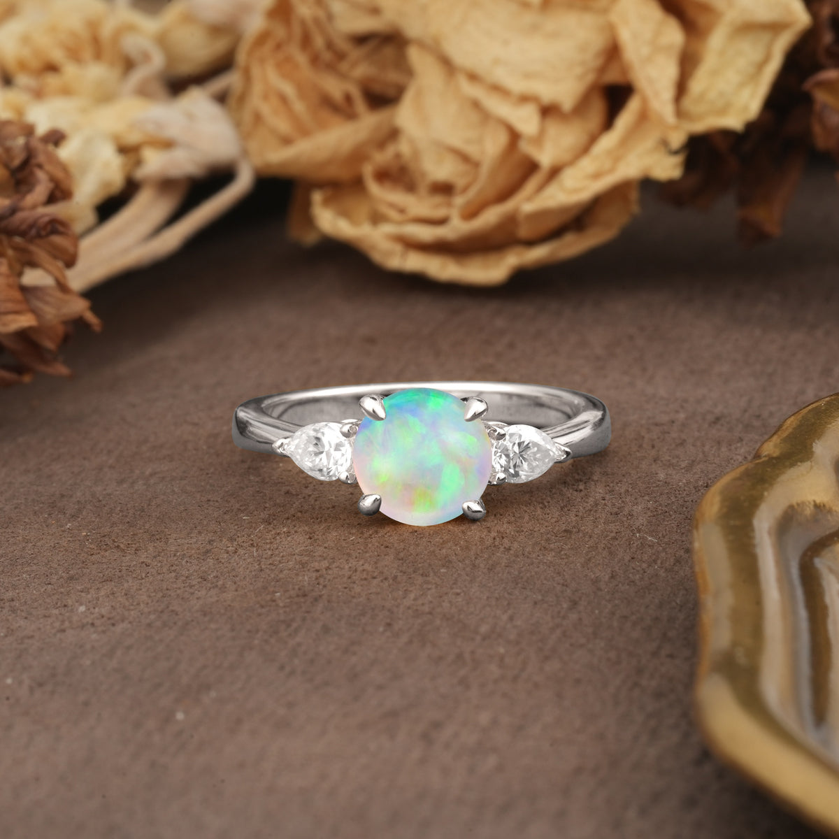 Classic, Luxurious 4-Prong Pear Cut Fire Opal Three Stone Engagement Ring - Additional view