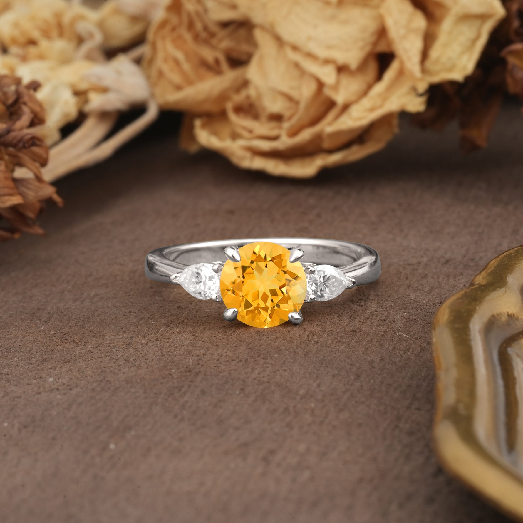 Classic, Luxurious 4-Prong Pear Cut Citrine Three Stone Engagement Ring - Additional view