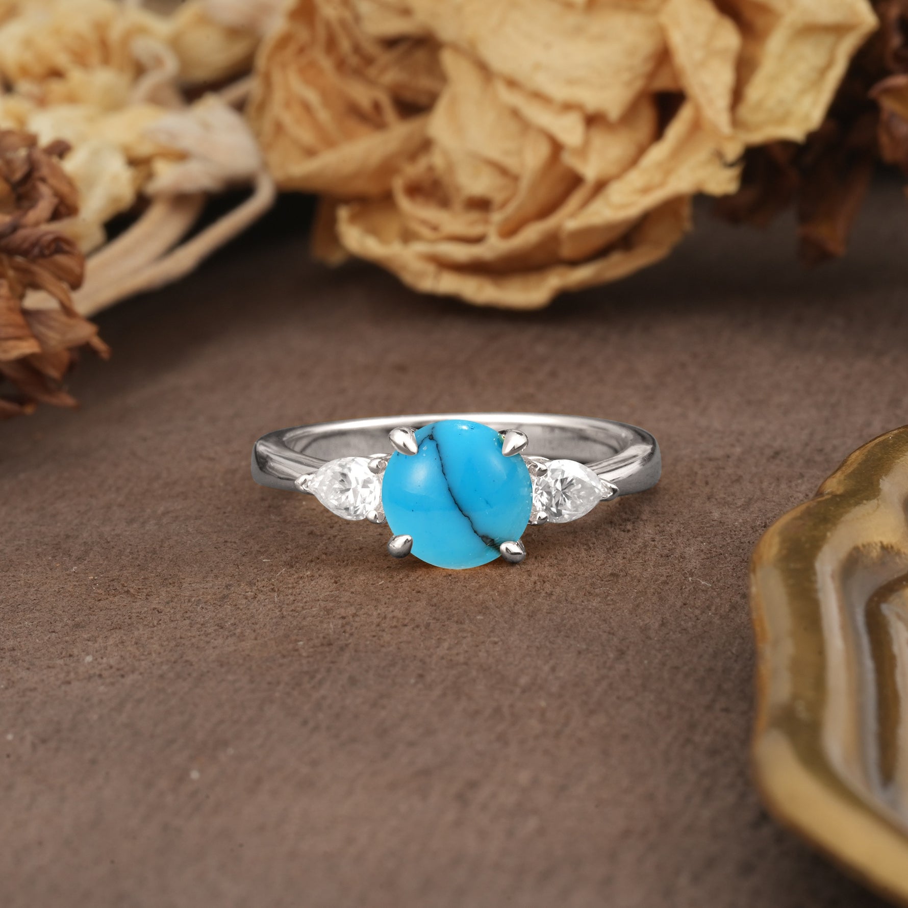 Classic, Luxurious 4-Prong Pear Cut Turquoise Three Stone Engagement Ring - Additional view