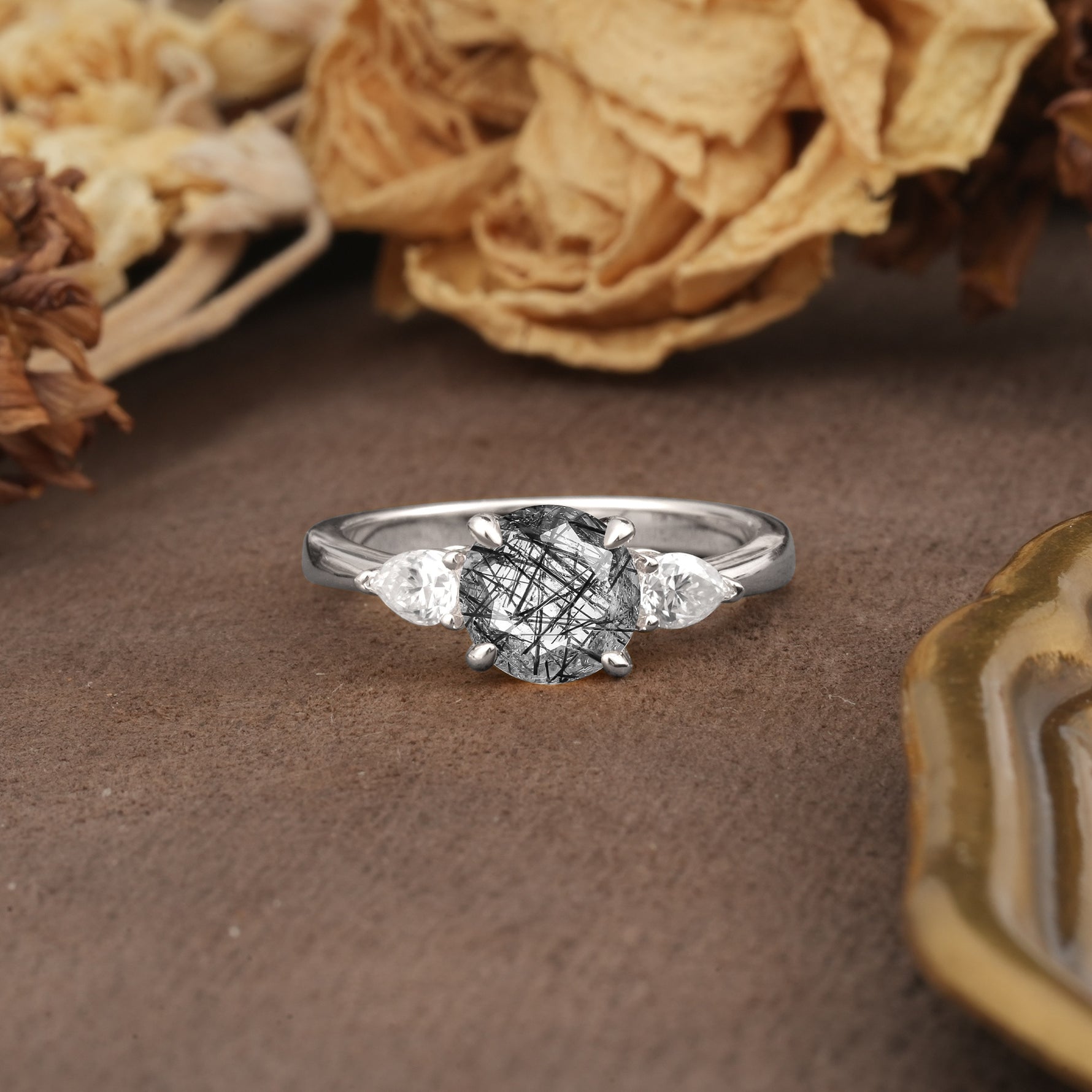 Classic, Luxurious 4-Prong Pear Cut Black Rutilated Quartz Three Stone Engagement Ring - Additional view