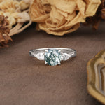 Classic, Luxurious 4-Prong Pear Cut Moss Agate Three Stone Engagement Ring - Additional view