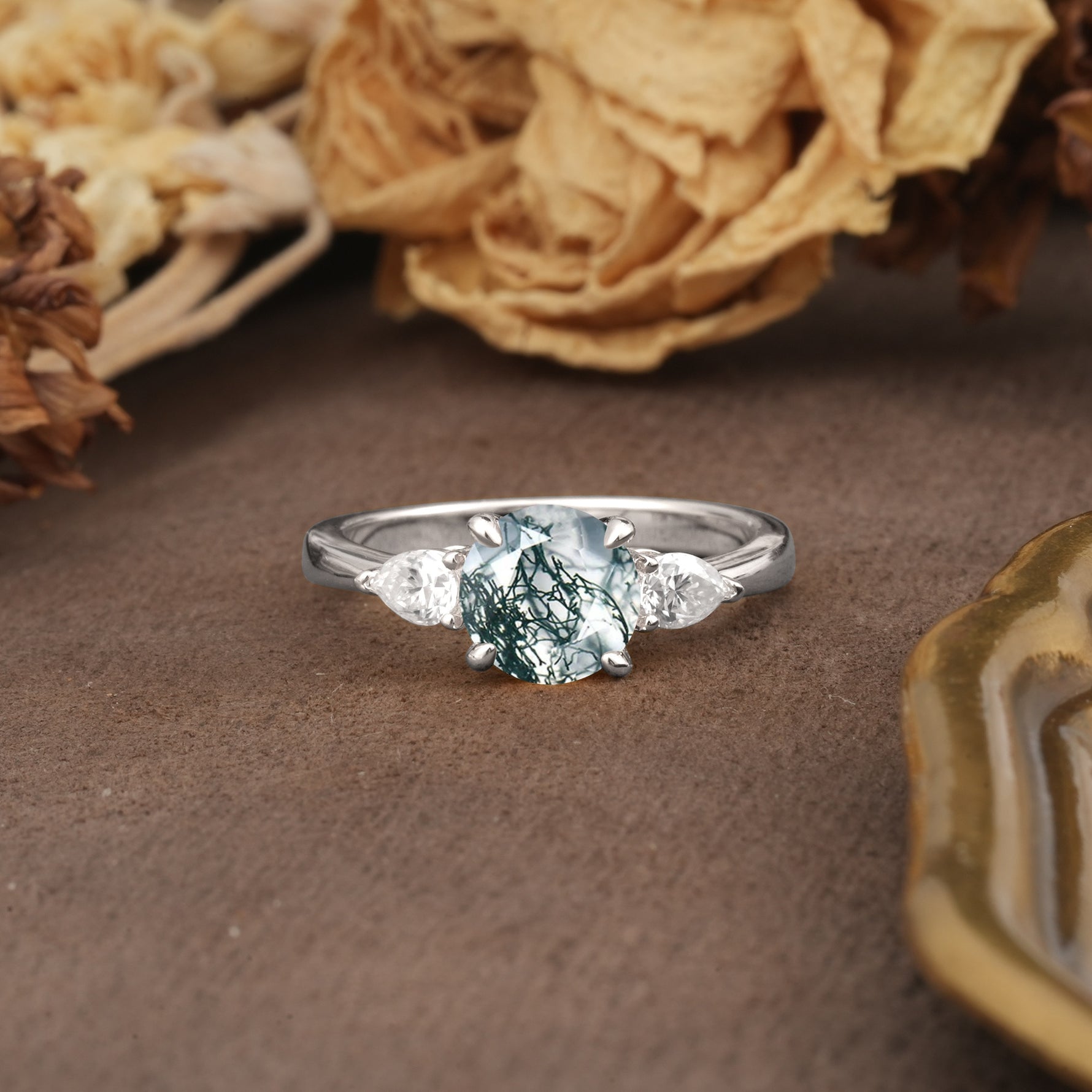 Classic, Luxurious 4-Prong Pear Cut Moss Agate Three Stone Engagement Ring - Additional view