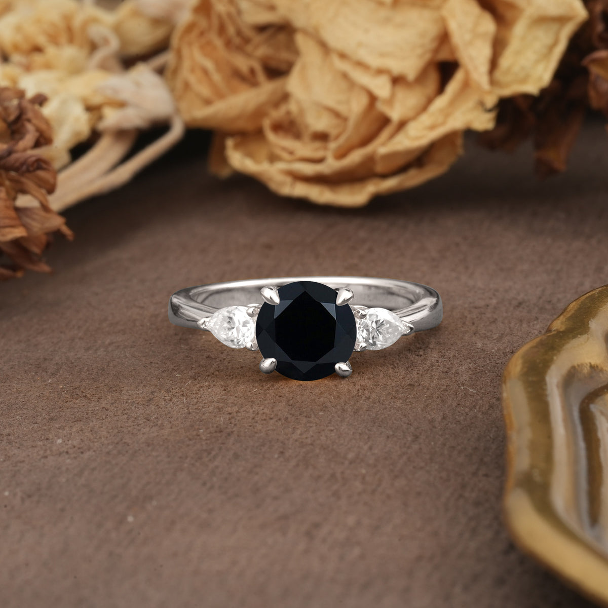 Classic, Luxurious 4-Prong Pear Cut Black Onyx Three Stone Engagement Ring - Additional view