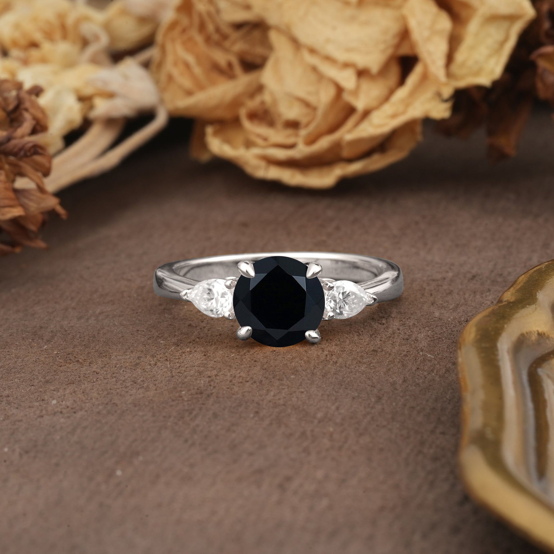 Classic, Luxurious 4-Prong Pear Cut Black Onyx Three Stone Engagement Ring - Additional view
