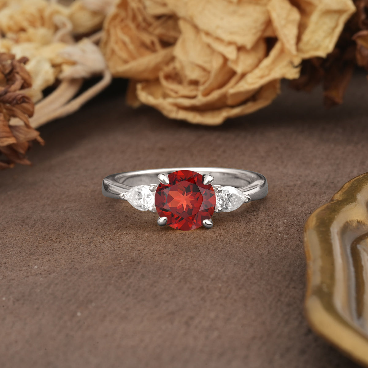 Classic, Luxurious 4-Prong Pear Cut Garnet Three Stone Engagement Ring - Additional view